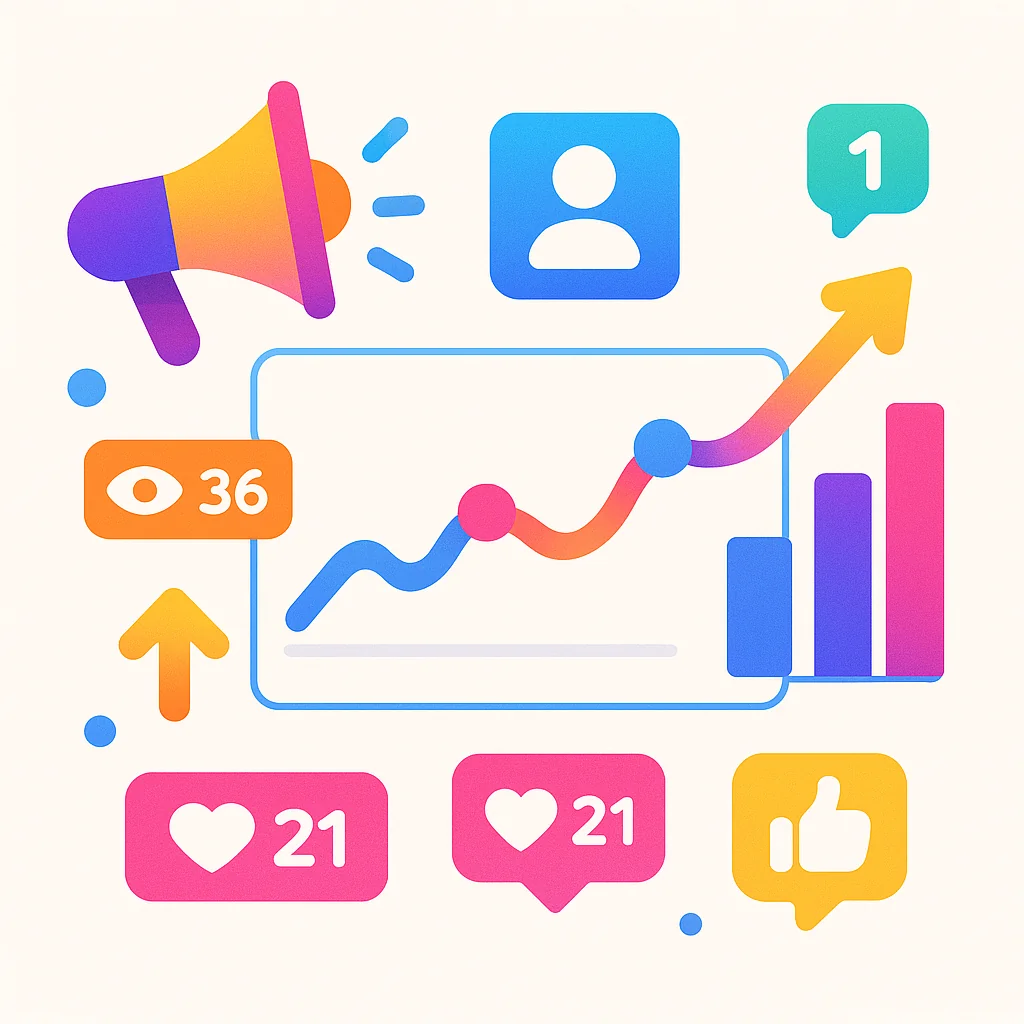 Illustration of social media icons and graphs representing reach, impressions, and engagement metrics.