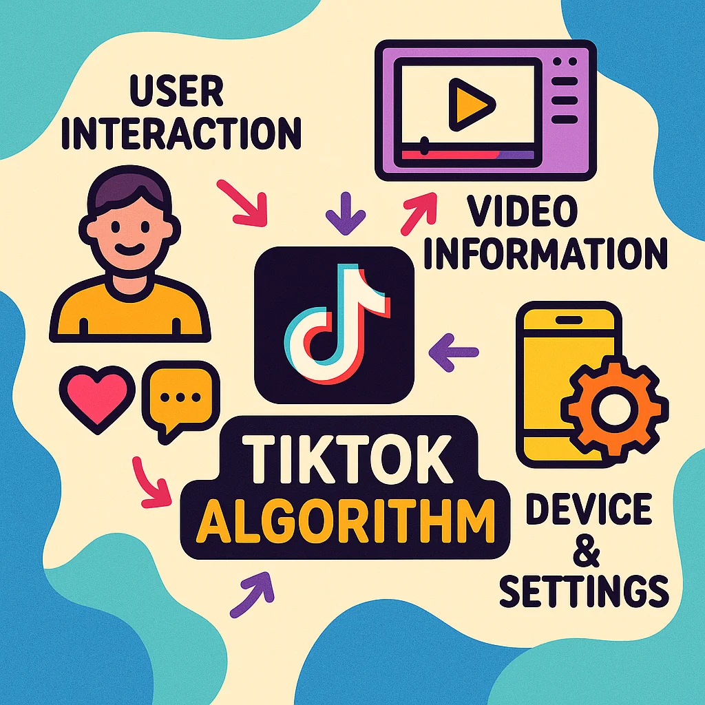 Illustration showing key factors influencing the TikTok algorithm including user interaction signals, video information, and device settings.