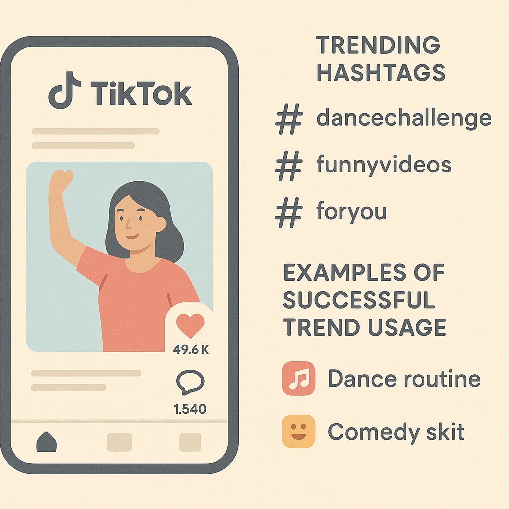 Infographic showing TikTok app interface with trending hashtags and examples of successful trend usage.