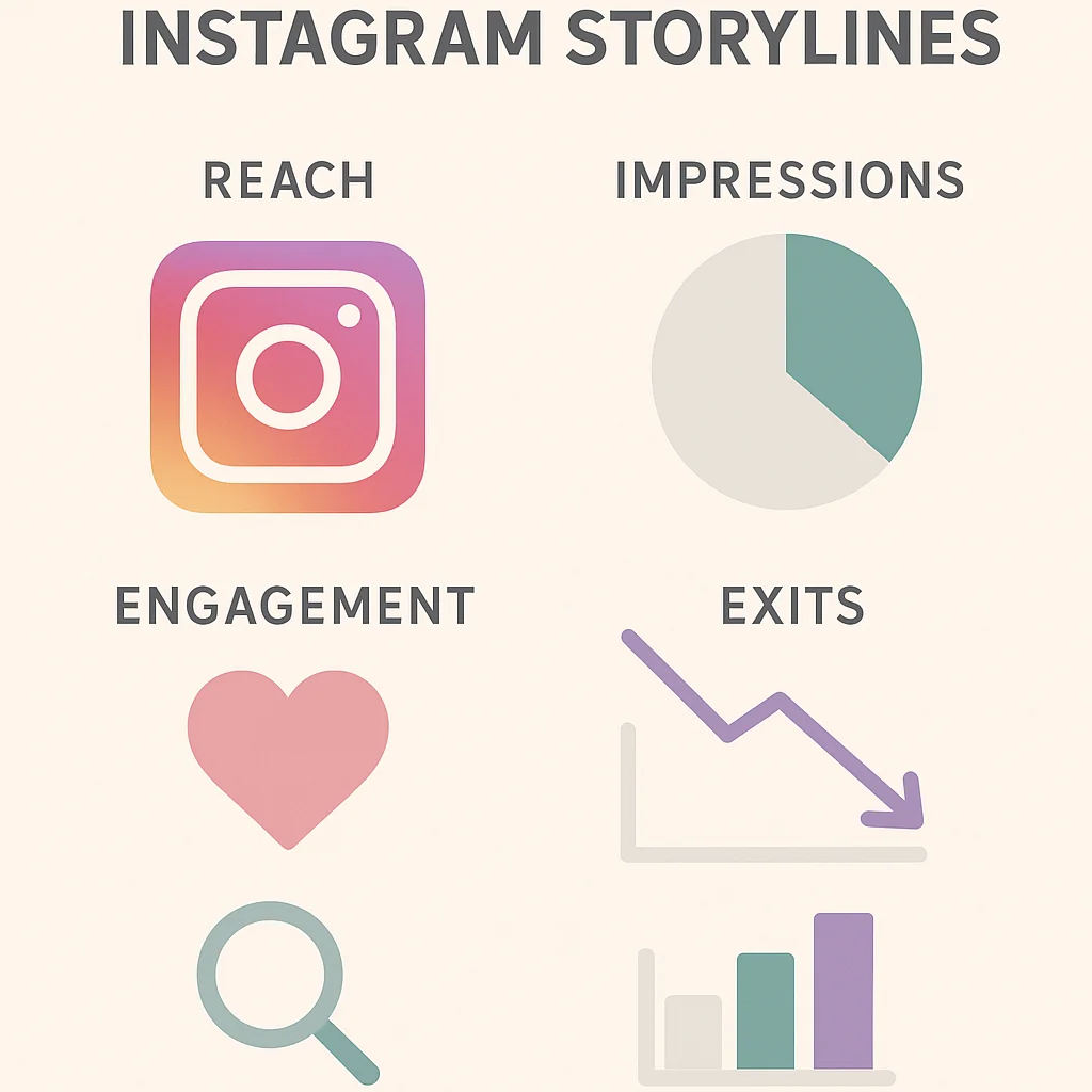 Infographic showing key metrics and tools for measuring the success of Instagram Storylines.