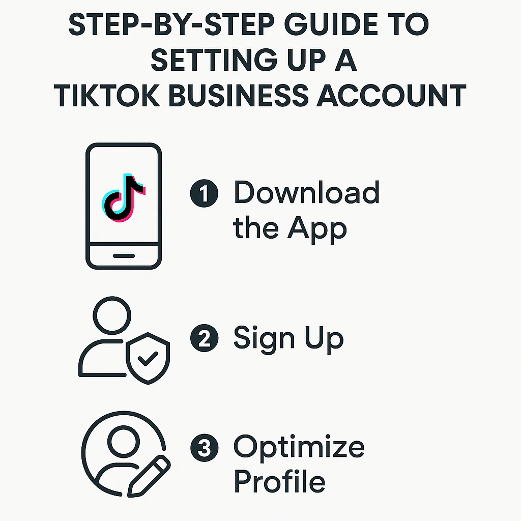 Infographic showing steps to set up a TikTok business account, including downloading the app, signing up, and optimizing profile.