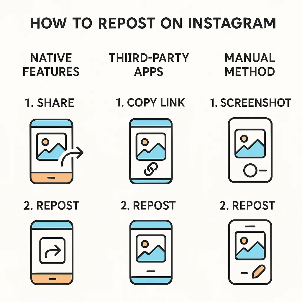 Infographic providing a step-by-step guide on how to repost content on Instagram using various methods.