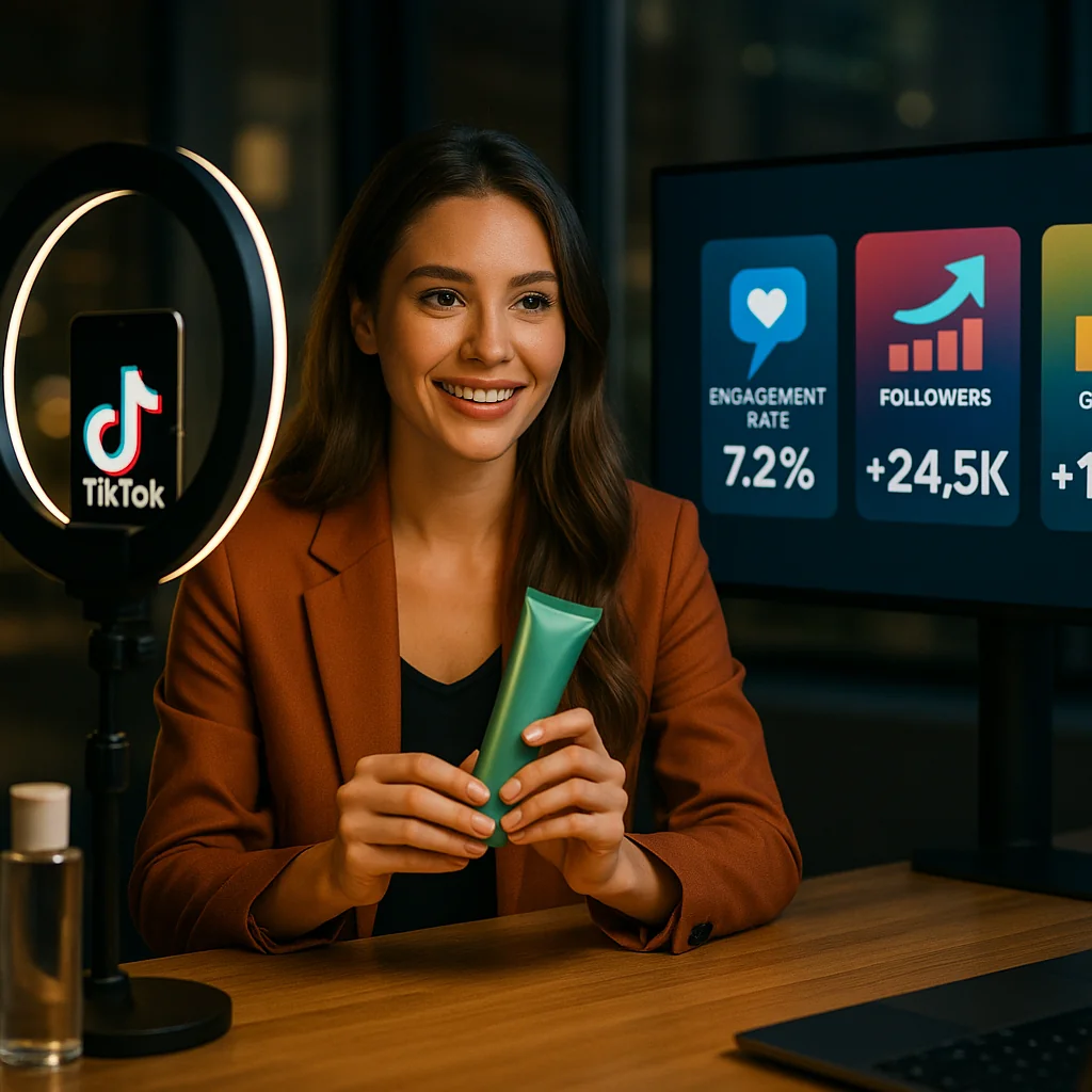 Photorealistic image showing a successful TikTok campaign with a brand and influencer collaboration, highlighting engagement rates and follower growth.
