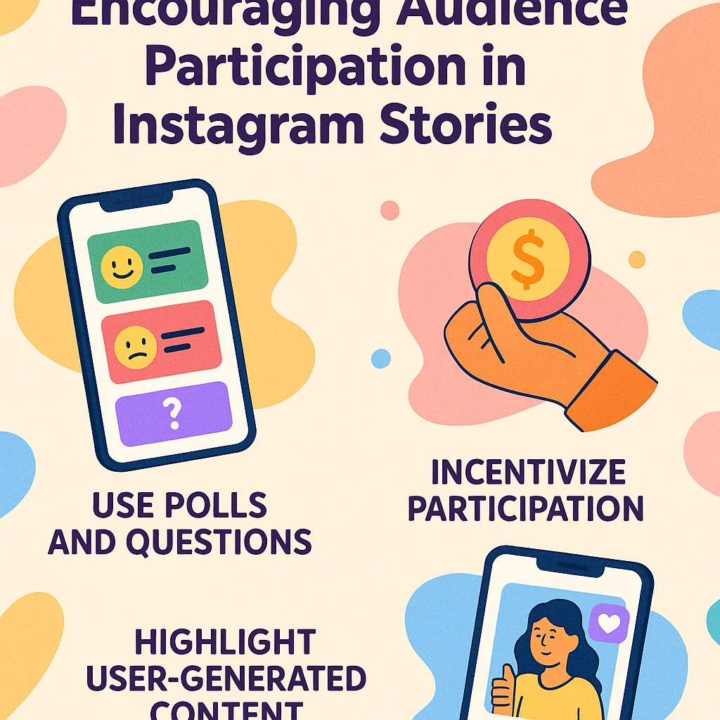 Illustration showing tips for encouraging audience participation in Instagram Storylines, such as using polls and questions.