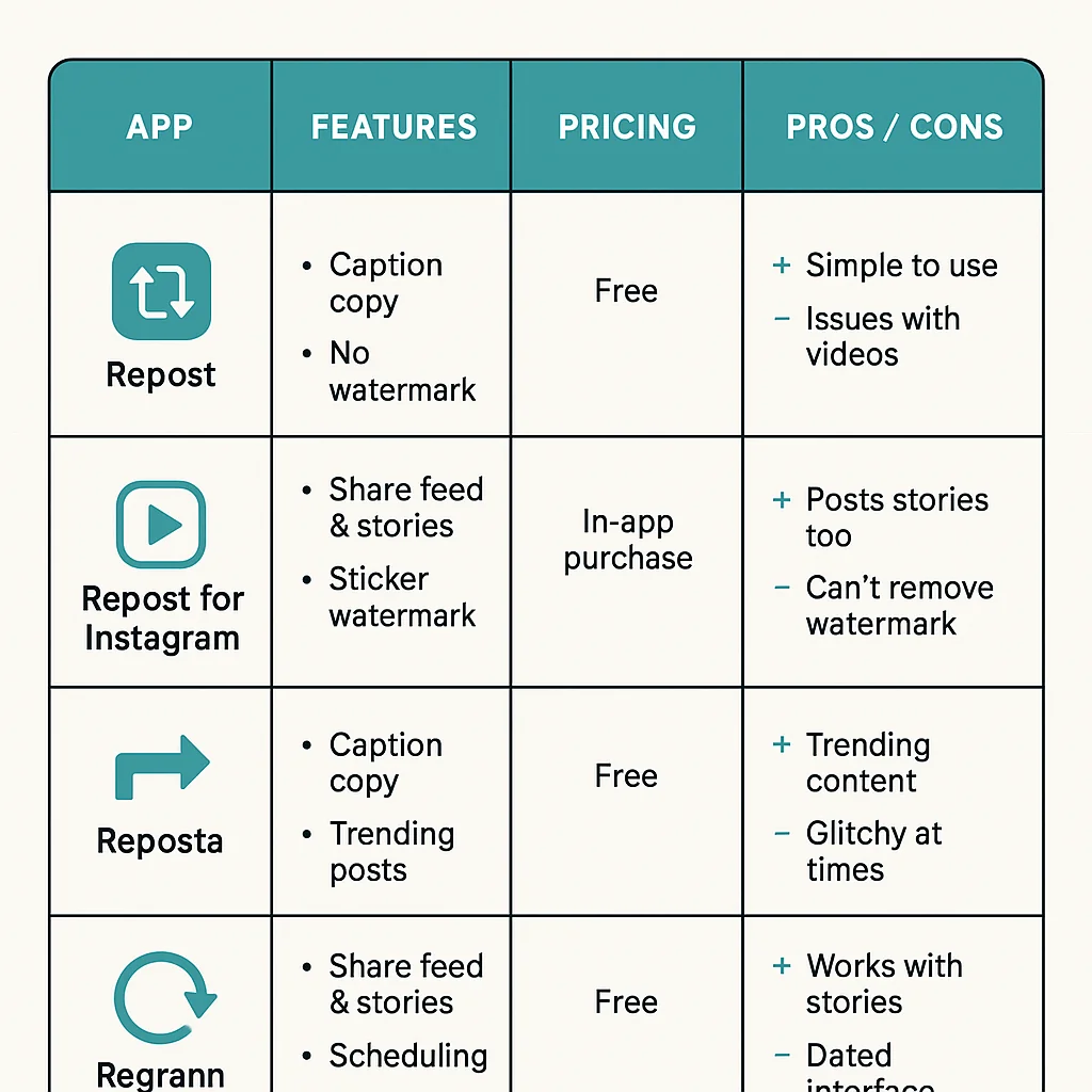 Infographic comparing top reposting apps for Instagram, detailing features, pricing, and pros and cons.