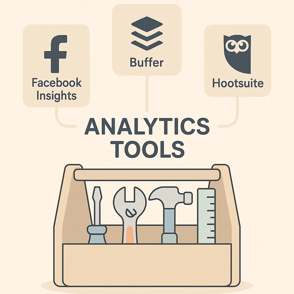 Infographic showing various tools and tips for finding the best times to post on Facebook.