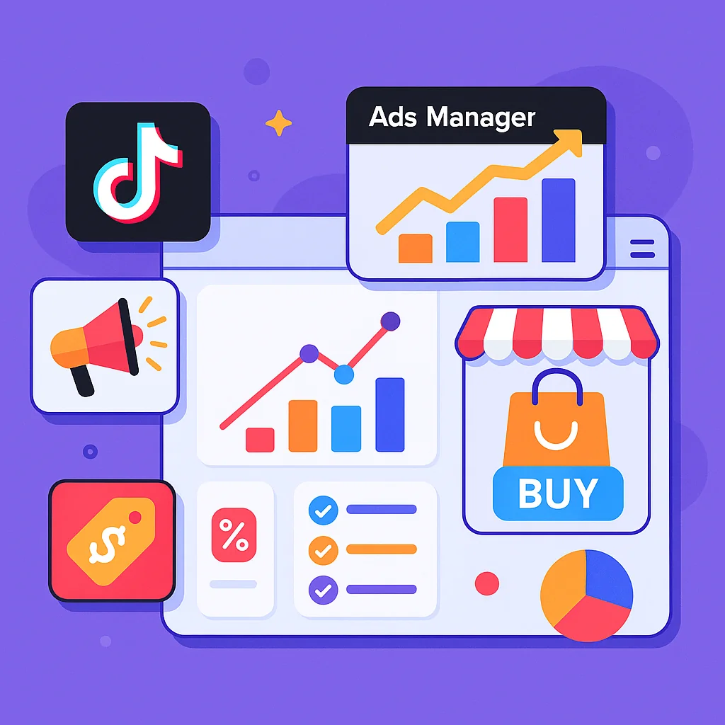 Illustration showing TikTok business tools like Ads Manager and e-commerce features on a digital dashboard.