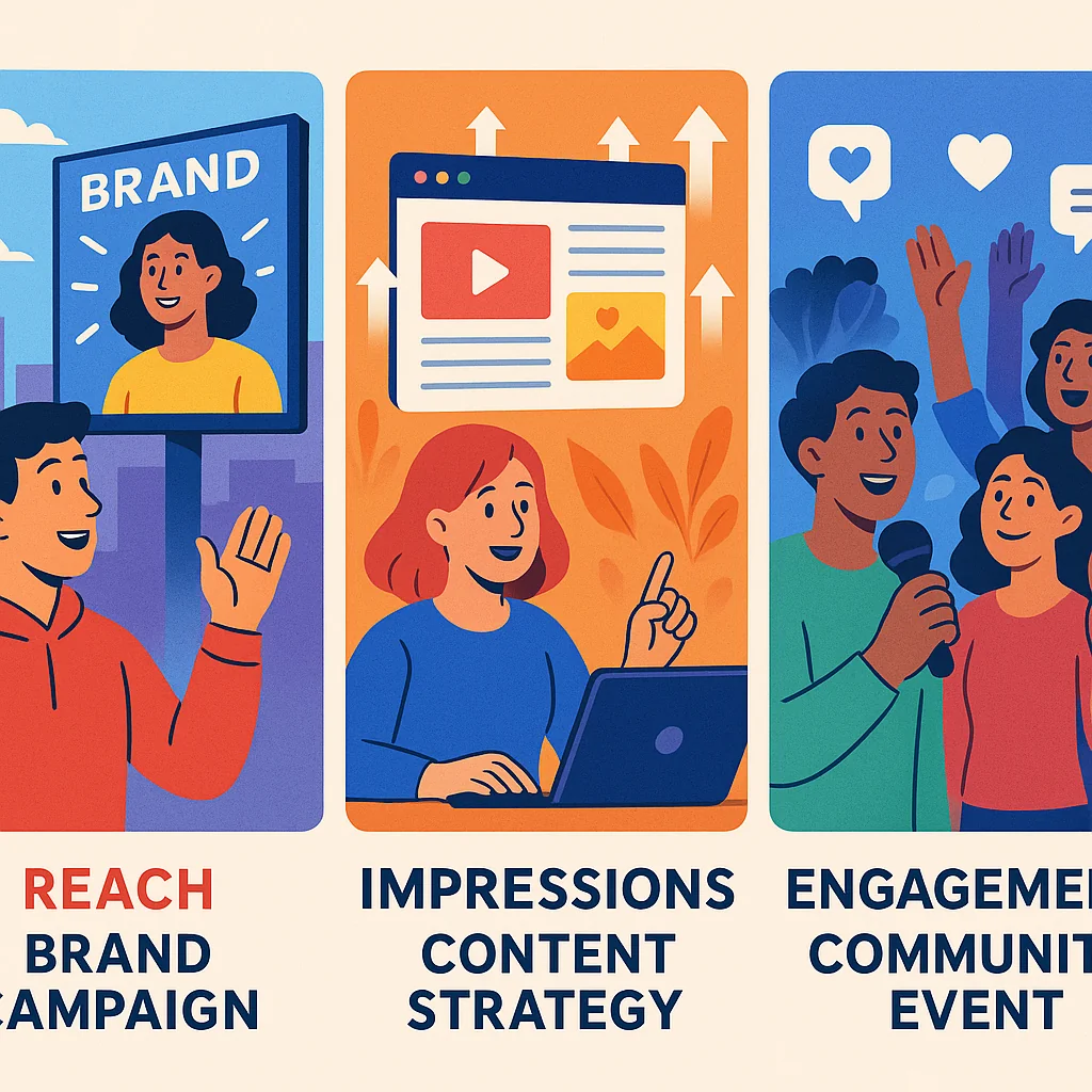 Illustration of different scenarios prioritizing reach, impressions, and engagement in social media strategy.