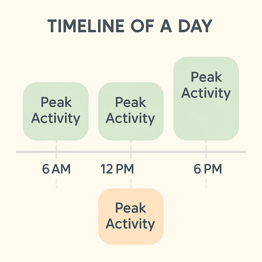 Infographic showing peak activity times on Facebook, emphasizing the importance of post timing.